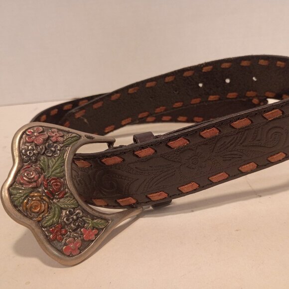 Vintage Hippie-Boho Wide Tooled Leather Belt with Floral Metal Buckle 32-36" - Picture 1 of 9